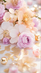 Delicate white blossoms with golden centers bloom against a soft pink backdrop. Water droplets cling to the petals, adding a touch of freshness and vibrancy to the scene.