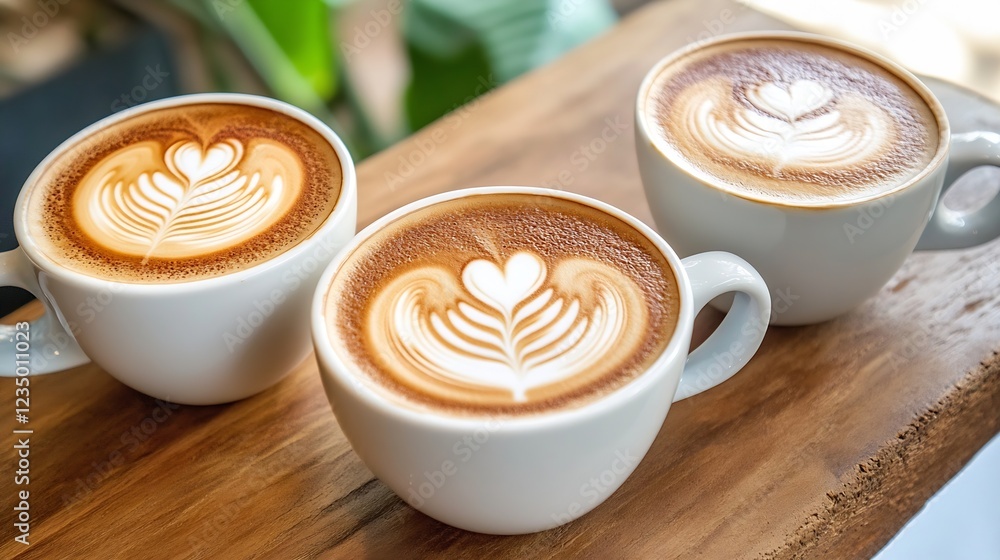Poster three artfully crafted latte coffees with heart latte art on wooden table : generative ai