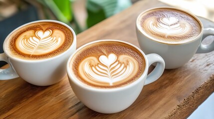 Three Artfully Crafted Latte Coffees with Heart Latte Art on Wooden Table : Generative AI