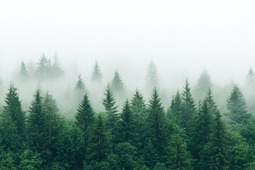 Fototapeta premium Mysterious fog blankets lush forest at dawn creating an ethereal atmosphere
