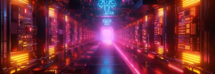 Obraz premium Futuristic corridor with vibrant neon lights and advanced technology environment.