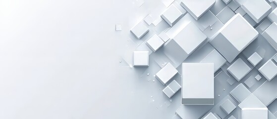 Naklejka premium A Minimalist, Abstract Image Featuring A Collection Of White Cubes Arranged In A Dynamic Composition. The Cubes Vary In Size And Create A Visually Interesting Texture.