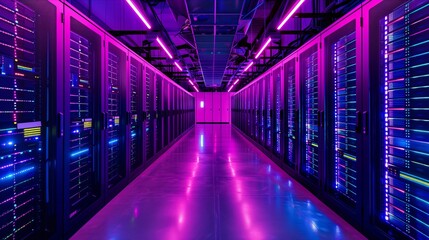 Fototapeta premium Futuristic data center with vibrant neon lights and advanced server racks.