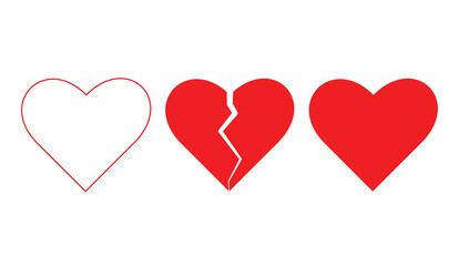 Heart icons. Vector flat style illustration set collection of 3 hearts isolated on a white background - contour, red silhouette, and broken heart. High-quality full editable eps file is available.