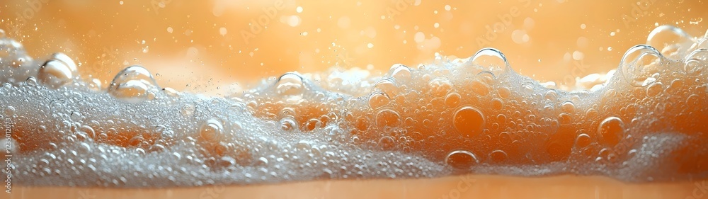 Poster a close-up view of frothy bubbles rising in a golden liquid, creating an inviting and refreshing atm