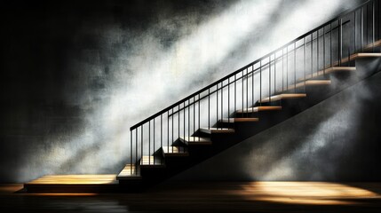 Dark room with wooden stairs and metal railing, illuminated by a spotlight.