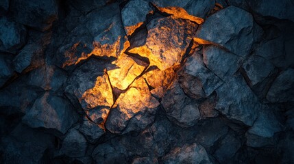Glowing orange light emanating from crack in dark, rough, textured rock wall.
