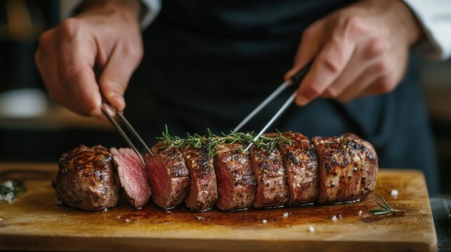 Chef cutting grilled beef tenderloin with rosemary on wooden board