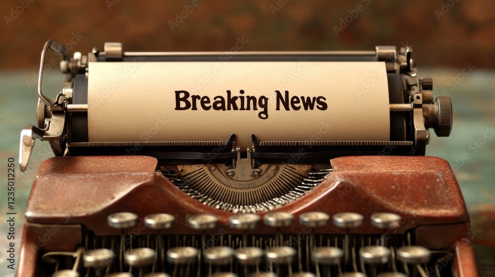 Poster vintage typewriter displays breaking news on a blank sheet of paper in a cozy setting. generative ai