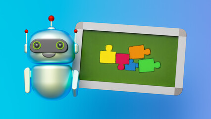 Simple puzzles drawn in colors to symbolize the moment of decision making and teamwork. Ai robot help and chalkboard background