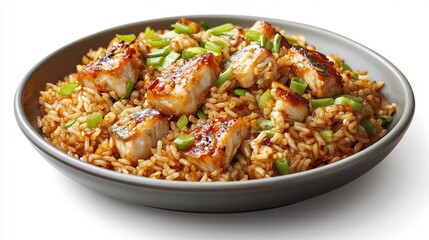 Serving of Chinesestyle salted fish chicken fried rice garnished scallion