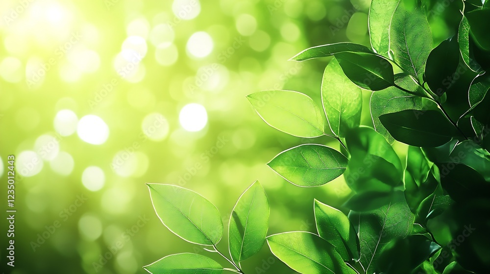 Aufkleber Vibrant green leaves with bokeh effect and sunlight filtering through creating a serene background : Generative AI