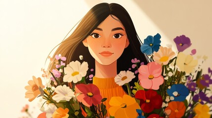 Fototapeta premium Peaceful woman holding a vibrant bouquet, enjoying the sweet fragrance of flowers in a tranquil setting