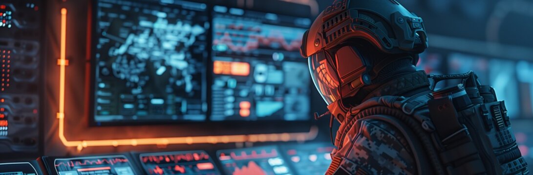 Futuristic soldier monitors high-tech screens in a control center, showcasing advanced tech.
