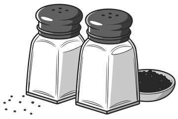  Glass salt and pepper shakers, transparent containers, black lids, white salt, black pepper, minimalist design, kitchen essentials, condiment set, clear glass, cylindrical shape, table seasoning, cul