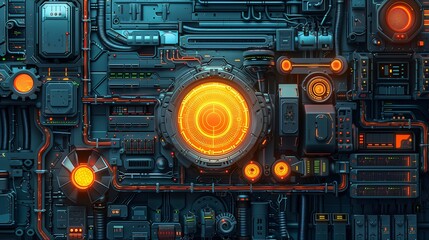 Futuristic technology panel with glowing elements and complex machinery interface.