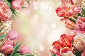 Fototapeta premium Beautiful pink tulips frame a golden rectangle on an elegant light pink bokeh background, creating a romantic and luxurious atmosphere with space for text.
