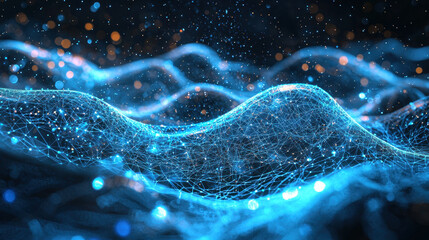 Glowing quantum qubits suspended in dark void with neon-blue energy waves in futuristic aesthetic