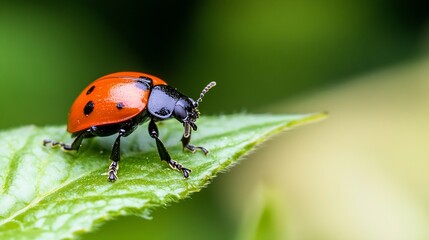 Fototapeta premium Closeup of a Bright Red Ladybug Exploring Green Leaf in Lush Garden : Generative AI