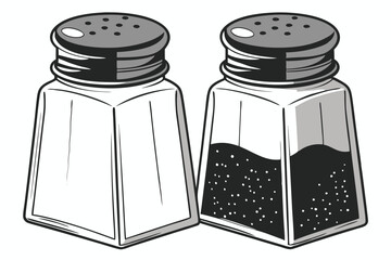  Glass salt and pepper shakers, transparent containers, black lids, white salt, black pepper, minimalist design, kitchen essentials, condiment set, clear glass, cylindrical shape, table seasoning, cul