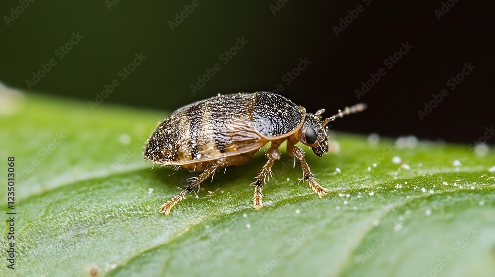 Poster detailed look at a unique beetle on leaf with dew drops : generative ai