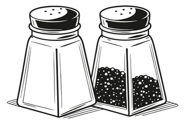  Glass salt and pepper shakers, transparent containers, black lids, white salt, black pepper, minimalist design, kitchen essentials, condiment set, clear glass, cylindrical shape, table seasoning, cul