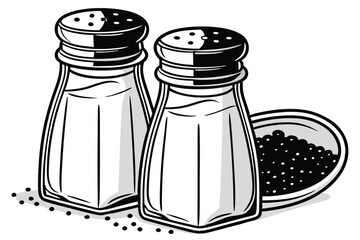  Glass salt and pepper shakers, transparent containers, black lids, white salt, black pepper, minimalist design, kitchen essentials, condiment set, clear glass, cylindrical shape, table seasoning, cul