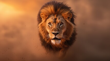 A majestic lion strides confidently through a dusty landscape, bathed in warm, golden light, exemplifying power and grace.
