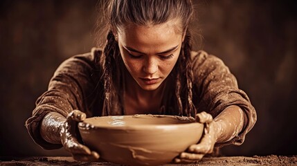 Focused woman craftswoman shaping clay bowl on pottery wheel.