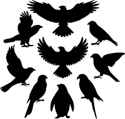 Black Silhouette Collection of Various Birds and Penguin