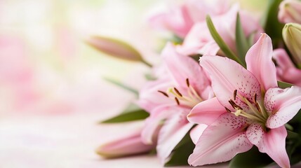 Fototapeta premium Vibrant Pink Lilies Blossoming in Soft Natural Light for Tranquil Floral Decor : Generative AI