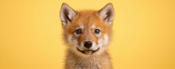 A cute fox pup with fluffy orange fur and bright eyes, set against a vibrant yellow background.