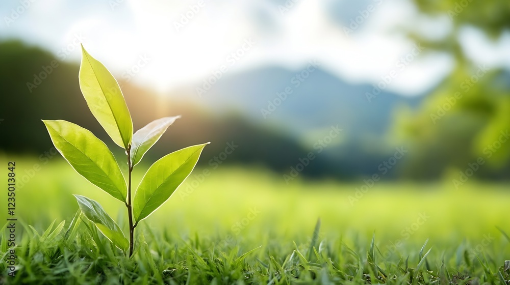Poster fresh green sapling growing in sunlit grass field in nature : generative ai