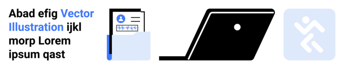 Document in folder, sleek open laptop, dynamic figure in motion. Ideal for productivity, technology, workflow, organization, creativity, business and abstract line flat metaphor