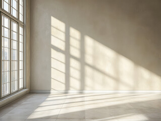 Fototapeta premium Bright, spacious room with bare wall and soft sunlight filtering through large window