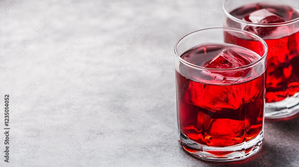 Poster close up of vibrant red cranberry juice with ice cubes on gray background : generative ai