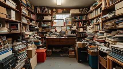 Obraz premium Messy Office with Overloaded Bookshelves and Stacks of Paper, A Cluttered Workspace Full of Books, Documents, and Office Supplies