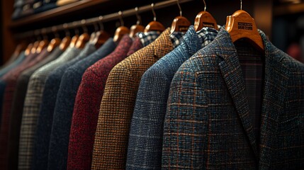 A row of tailored jackets in various colors and patterns hang neatly on wooden hangers in a clothing store
