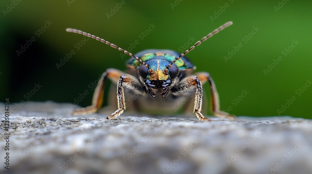 Poster colorful beetle with glittering exoskeleton on rocky surface : generative ai