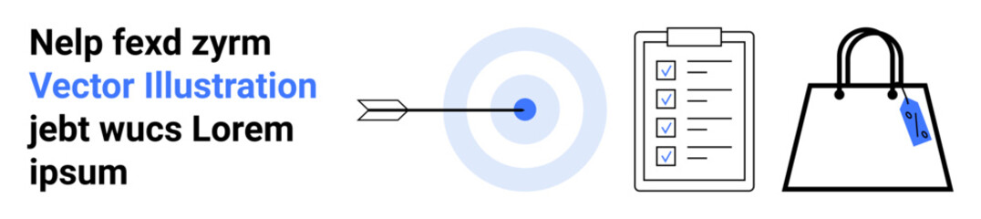 Arrow hitting a target center, checklist with marked items, shopping bag with tag symbolizing goals and success. Ideal for goal setting, planning, strategy, business, retail, marketing flat landing