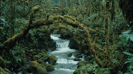 Lush rainforest stream flowing through moss-covered trees and rocks.