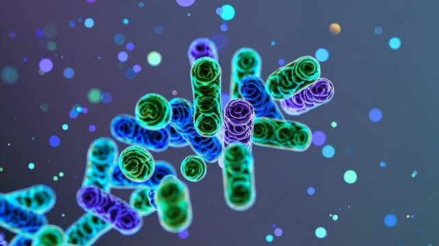 A stunning 4K ultra-HD stock video featuring a highly detailed microscopic view of beneficial bacteria and microorganisms, particularly lactic acid bacteria associated with probiotics.