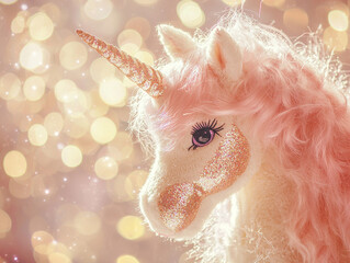 Close-up of a glittering unicorn plush toy against a dreamy background