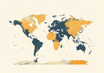 Simple, flat-color vector illustration of a world map on a white background, with a flat design, in shades of yellow and orange