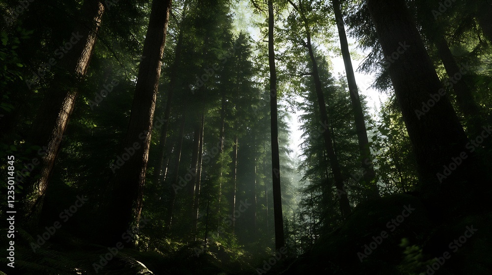 Poster majestic sunlit forest with tall trees and lush greenery capturing the essence of nature's serenity 