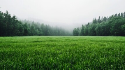 Fototapeta premium Peaceful Green Field Surrounded by Misty Forest Trees : Generative AI