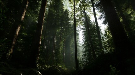 Obraz premium Majestic Sunlit Forest with Tall Trees and Lush Greenery Capturing the Essence of Nature's Serenity : Generative AI