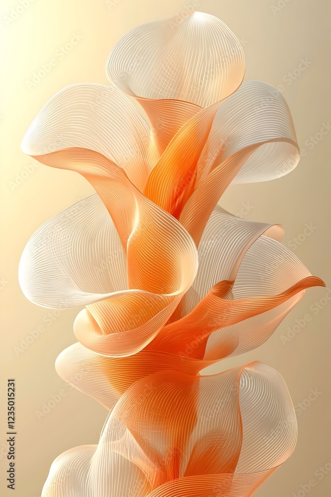 Poster an elegant abstract composition featuring flowing translucent shapes in warm orange and soft white, 