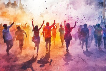 Watercolor happy people on the street in India in colored powder rejoice at the holiday, cheerful celebration of the holy festival of Holi
