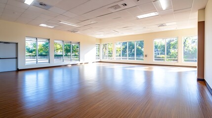 Fototapeta premium Bright Spacious Modern Dance Studio with Wooden Flooring and Large Windows for Natural Light : Generative AI
